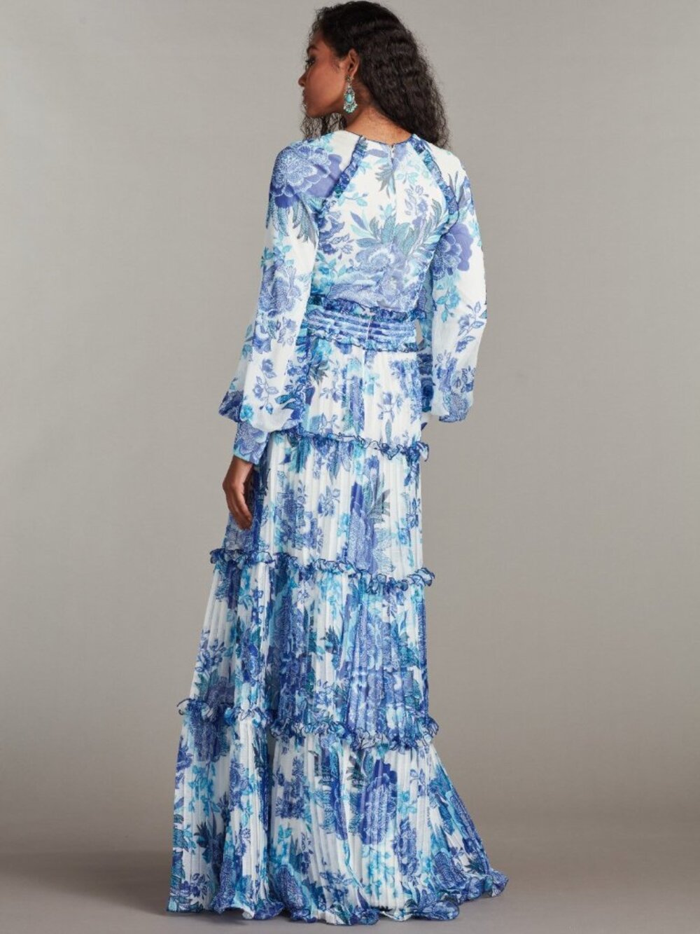 NWT TADASHI SHOJI Atlas Pleated Floral Print Gown Dress CHW25463L blue size 6 - Picture 2 of 2